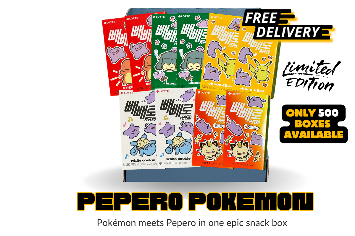 Packaging of Pepero Pokemon snack boxes with colorful designs and promotional text on a white background.