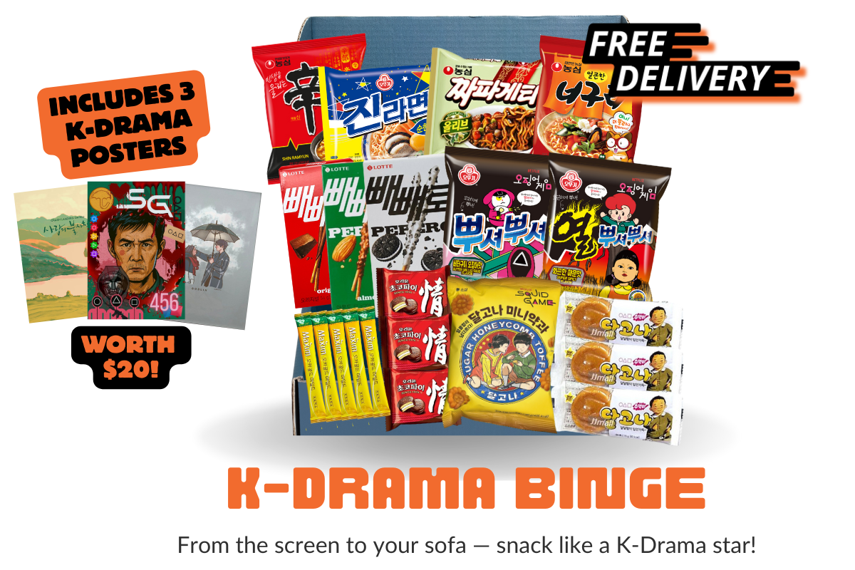 Korean snack box with K-drama posters for Squid Game, Crash Landing on You and Goblin