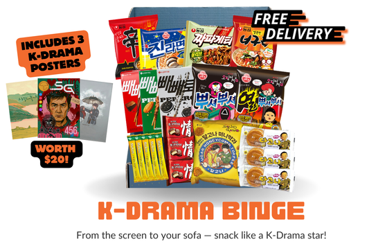 Korean snack box with K-drama posters for Squid Game, Crash Landing on You and Goblin