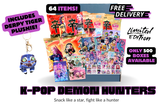 K-Pop Demon Hunters Korean snack packaging with Derpy plushie cards and stickers