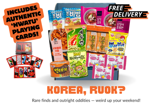 Assorted Korean snacks and Hwatu playing cards with promotional text on a white background