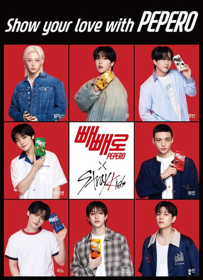 Promotional poster featuring members of K-pop group Stray Kids holding PEPERO products.