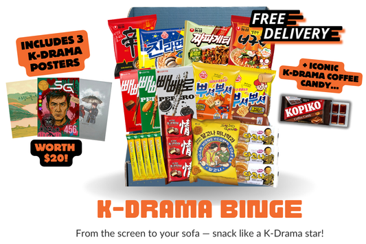 K-Drama Binge Korean snack box front — packed with Korean chocolate, Choco Pie, and 3 free posters