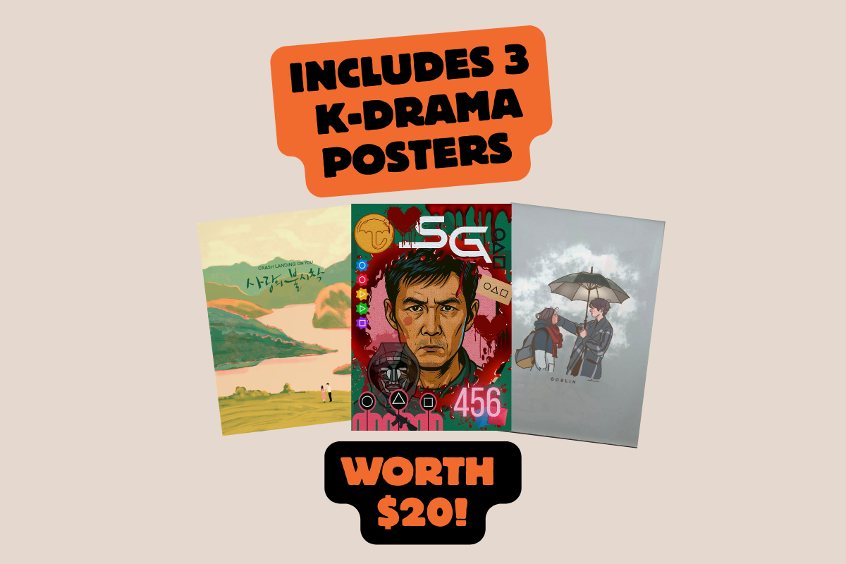 K-Drama posters for Crash Landing on You, Squid Game and Goblin.