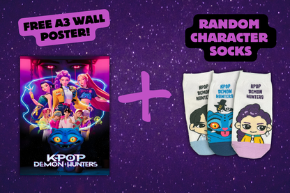 Free Korean socks and poster in the K-Pop Demon Hunters Mega Fan box