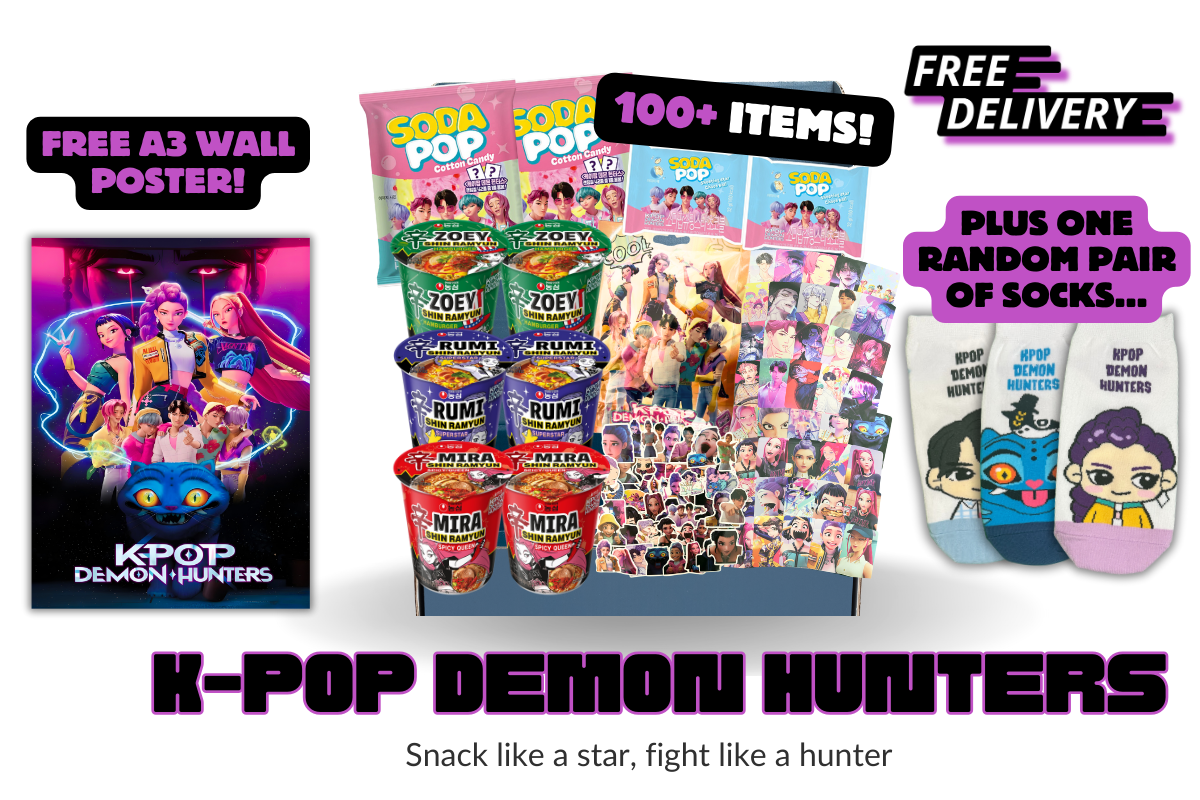 K-Pop Demon Hunters Mega Fan Korean snack box with 100+ authentic Korean snacks and K-pop gifts