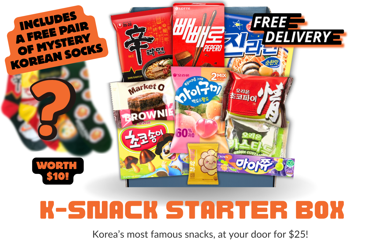 K-Snack Starter Box front — an affordable Korean snack box starting at $25 with free Korean socks