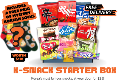 K-Snack Starter Box front — an affordable Korean snack box starting at $25 with free Korean socks