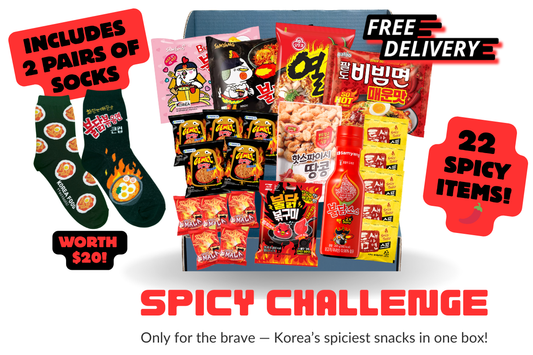 Spicy snack box with socks and Buldak ramen and peanuts
